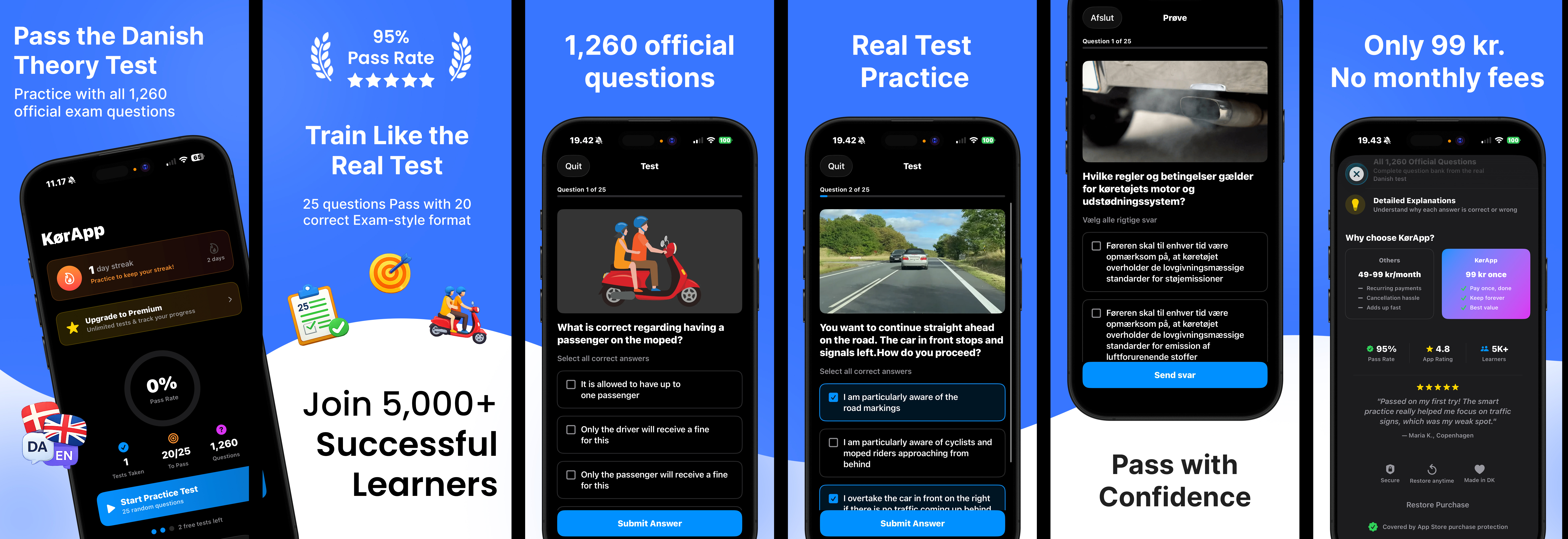 KørApp app screenshots showing theory test practice in English and Danish