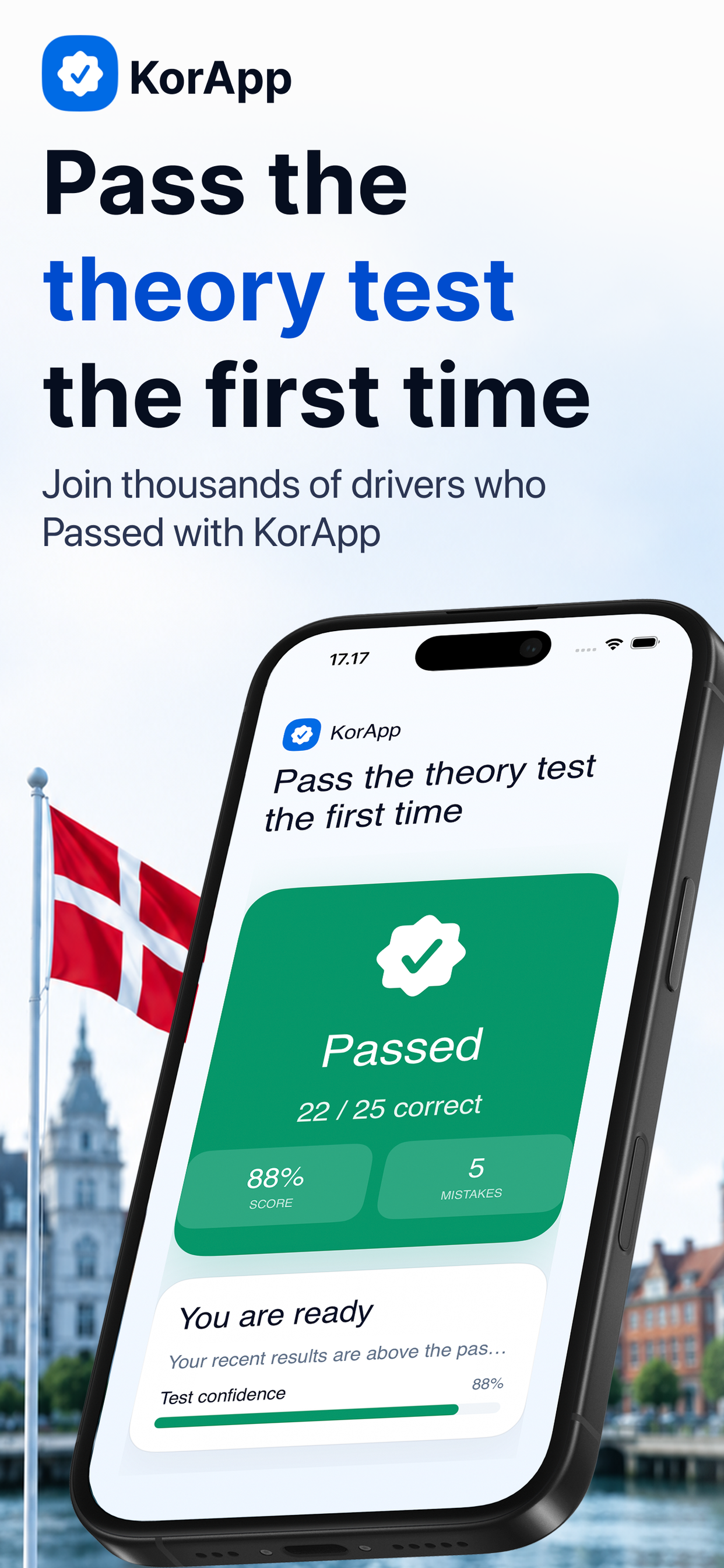 TheoryPass DK App Store screenshot with passed theory test result